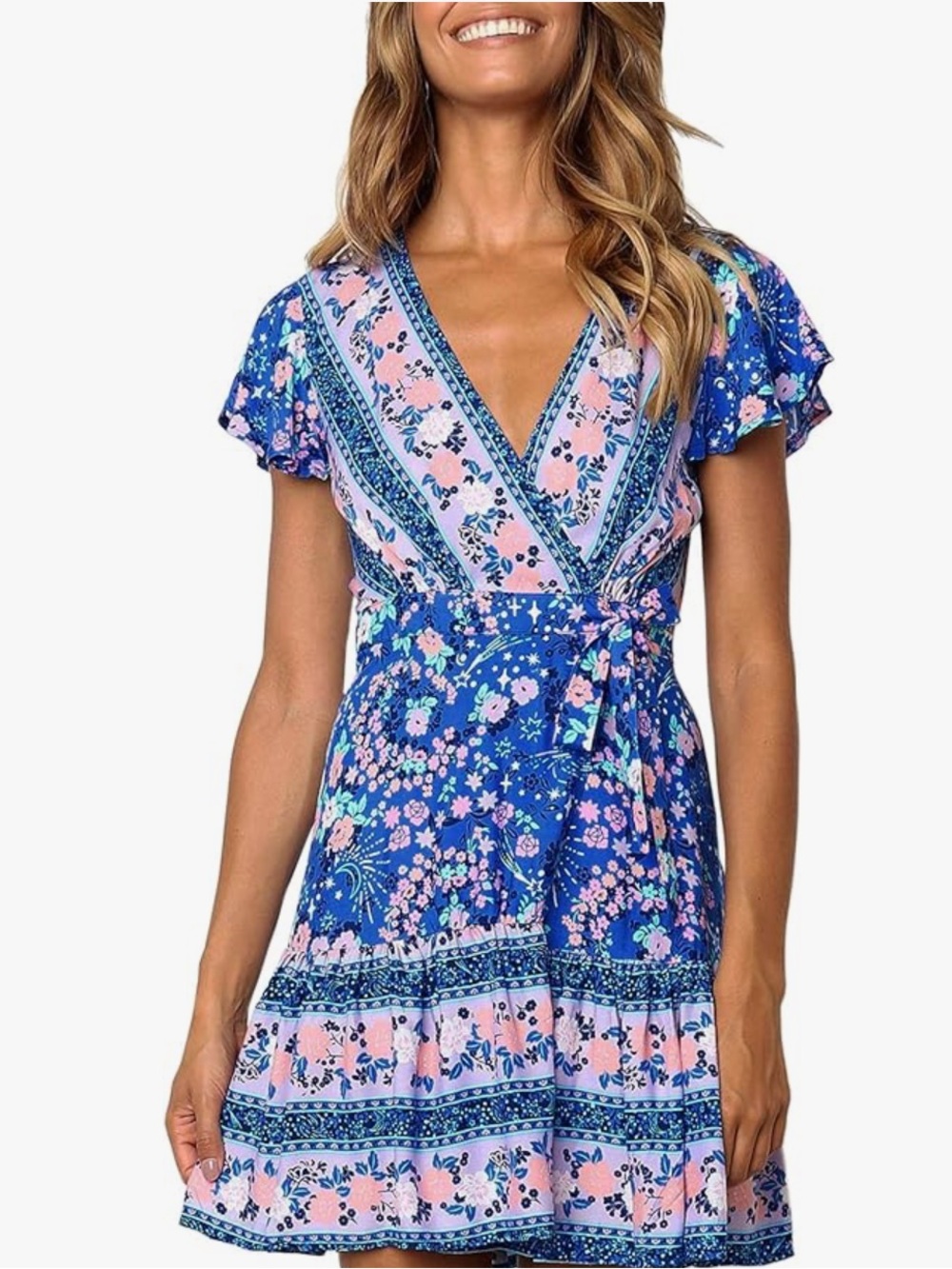 NWT Floral V-Neck Wrap Mini Dress in Blue and Pink